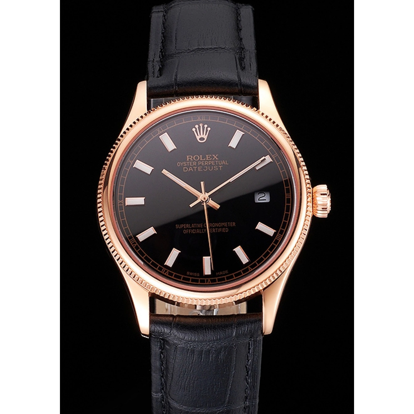 Rolex aaa copy Leather Rolex Dial Swiss Black Strap Gold Rose Case Datejust Black 0602
